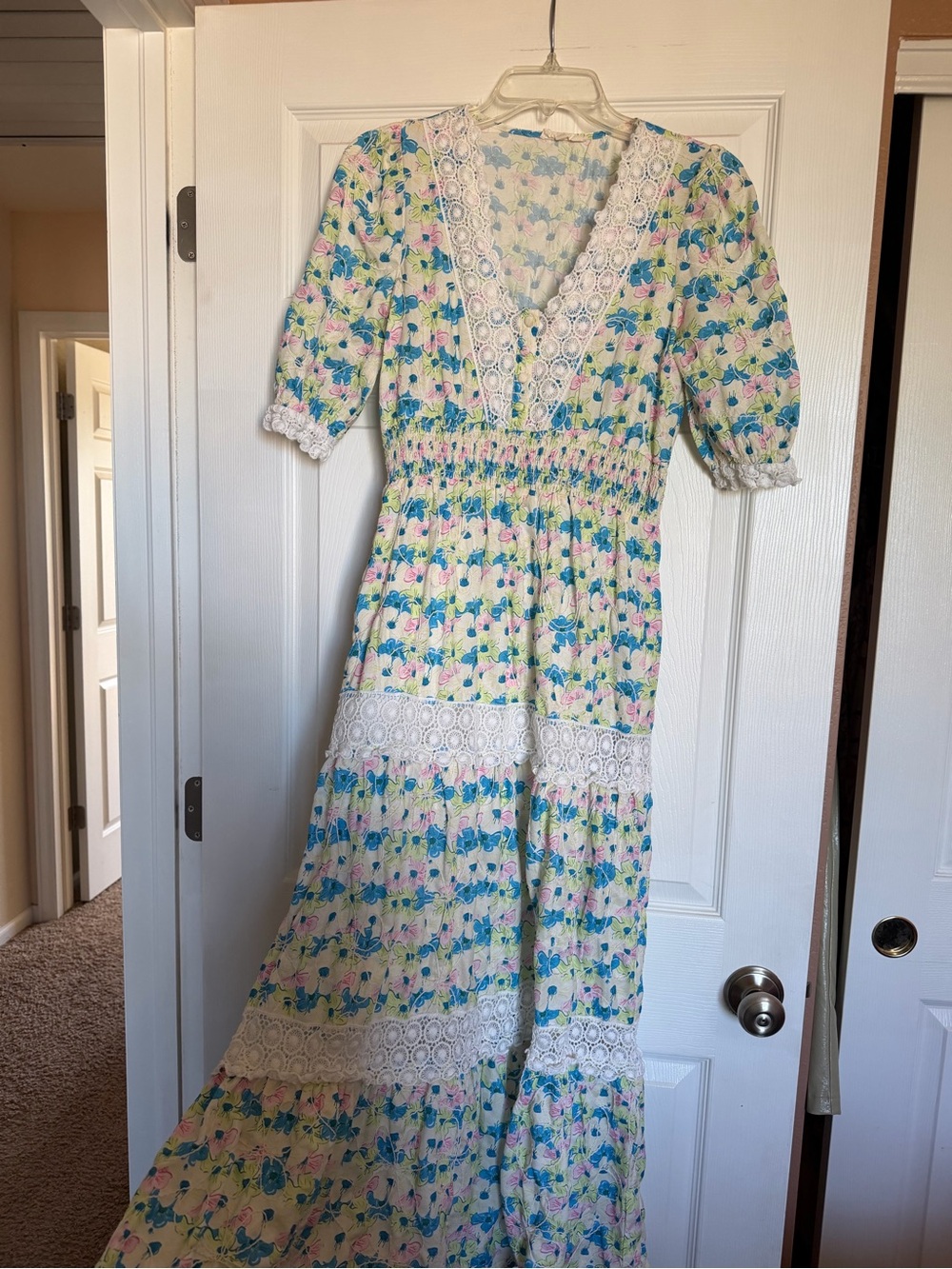 MELLODAY Cream Maxi Dress with Blue and Pink Floral Print